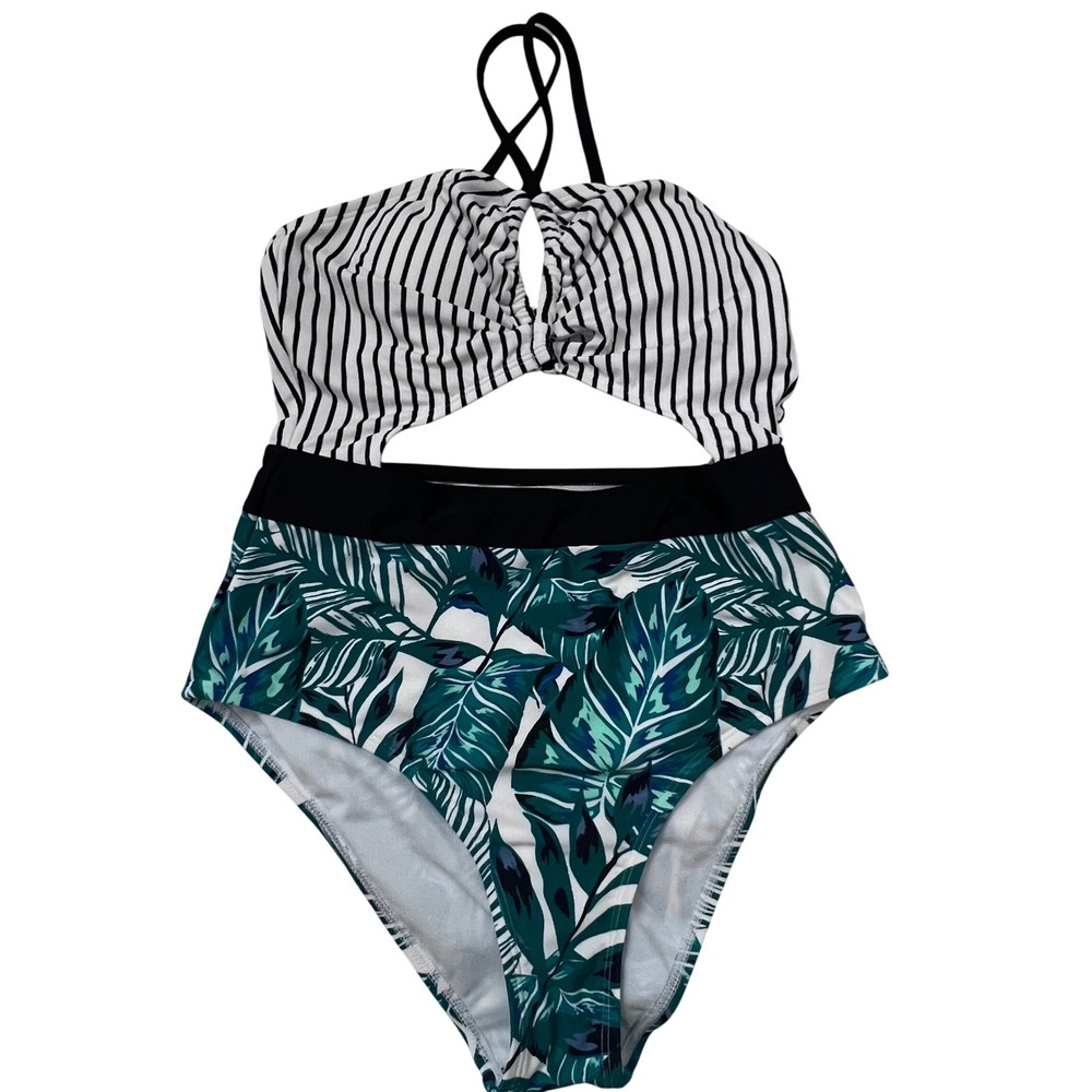 NEW One Piece Swimsuit CUPSHE Womens Cutout B W Striped Tropical Palm Green Med